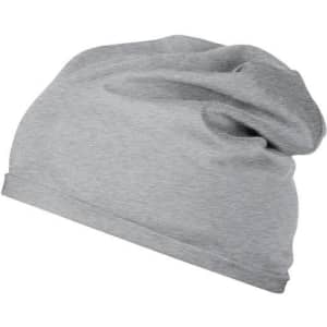A grey Bio Cotton beanie with a slouchy design, featuring a logo on the side.