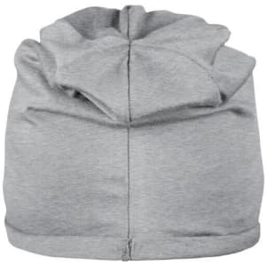 A grey beanie made from bio cotton, featuring a textured design at the top and a logo on one side.