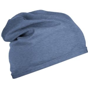 A blue beanie made from bio cotton, featuring a soft, slouchy design and a simple logo.