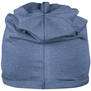 A blue beanie with a soft fabric texture and a unique fold detail at the top. It features a small logo.