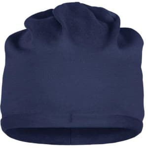 A navy blue bio cotton beanie featuring a simple and comfortable design, with a logo on the side.