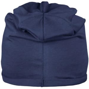 A navy blue bio cotton beanie with a gathered top and a seam at the back. It features a logo.