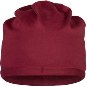 A burgundy beanie made from bio cotton, featuring a plain design and a logo.