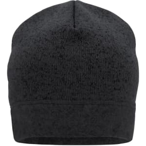 A knitted fleece workwear beanie in a dark grey colour, featuring a simple design and a logo.