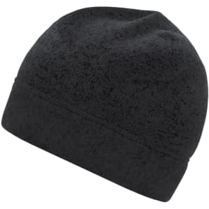 A black knitted fleece beanie with a folded cuff and a textured finish. It features branding.