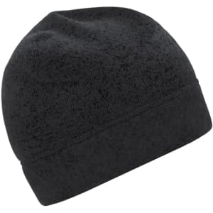 A black knitted fleece workwear beanie with a soft texture and folded cuff, featuring a logo.