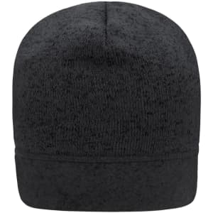 A black knitted fleece beanie with a textured pattern and a rolled cuff, featuring a logo.