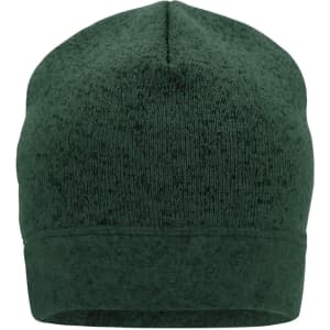 A knitted fleece beanie in dark green, featuring a textured surface and a snug fit. It has a logo on it.