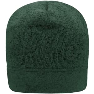 A green knitted fleece beanie featuring a fold-up cuff and a textured design, complete with a logo.