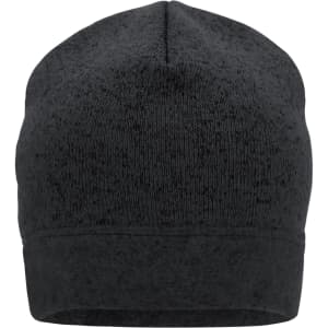 A black knitted fleece workwear beanie with a subtle texture and one visible logo.