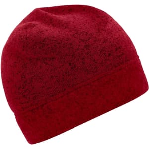 A knitted fleece beanie in a rich red colour, featuring a fold-over cuff and a textured finish.
