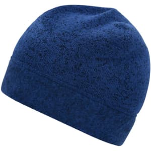 A knitted fleece beanie in a dark blue hue, featuring a subtle textured pattern and a logo.