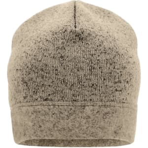 A knitted fleece beanie in a light grey and dark grey pattern, featuring a logo on the front.