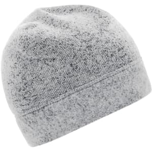 A grey knitted fleece workwear beanie with a soft texture. It features a subtle design and has a logo.