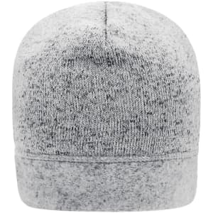 A knitted fleece beanie in grey with a folded cuff and a textured finish, featuring a logo on the side.