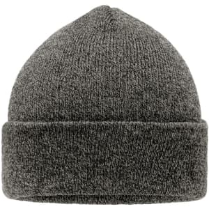 A grey knitted beanie with a folded cuff and a subtle texture, featuring a logo on one side.