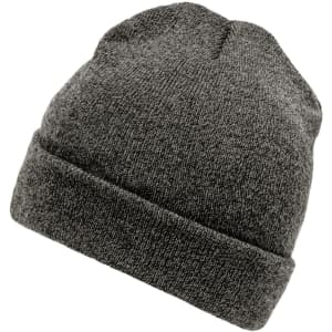 A grey beanie with a rolled cuff, featuring a textured knit design and a logo on the side.