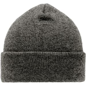 A grey beanie with a rolled cuff and textured knit, featuring a branding logo.