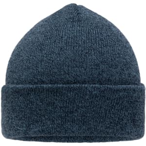 A navy blue beanie with a textured knit design and a folded cuff. The item features a logo on one side.