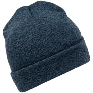 A dark blue beanie with a rolled cuff and a textured knit design. It features a logo on the side.