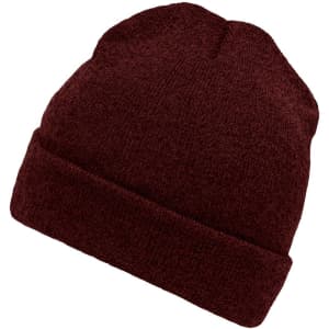 A maroon beanie with a rolled cuff, featuring a soft texture and a simple design.