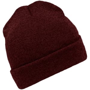 A maroon beanie with a rolled cuff and a soft texture, featuring a logo.