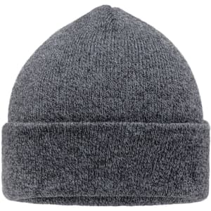 A grey beanie with a foldable cuff, made from a soft knitted material, featuring a logo on the side.