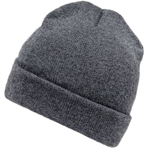 A grey beanie with a rolled cuff, made from a soft textured material, featuring a logo.
