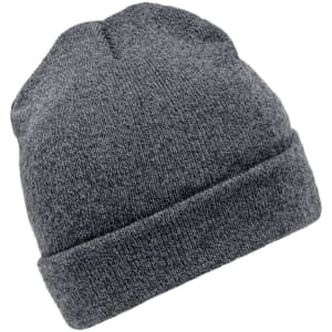 A grey beanie with a folded cuff and textured knit. It features a logo.