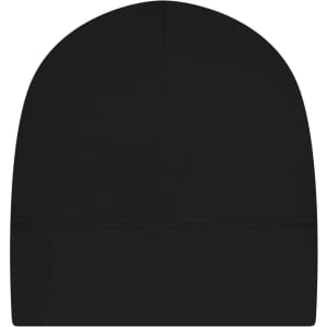 A black running beanie with a smooth finish and a seam at the bottom, featuring a logo on the side.
