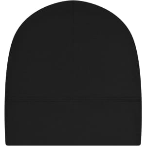 A black running beanie with a smooth finish and a subtle seam design, featuring a logo on the inside.