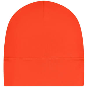An orange running beanie featuring a smooth design and a branding logo.