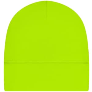 A bright lime green running beanie featuring a simple design with a branding logo.