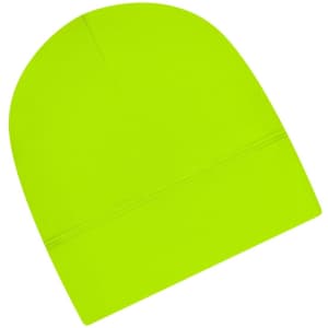 A bright lime green running beanie with a seamless design and a subtle logo.
