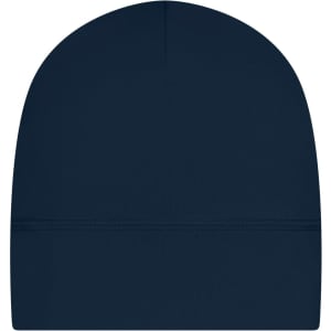 A navy blue running beanie with a sleek design and a subtle seam detail. It has a logo on the side.