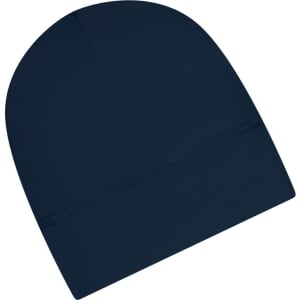 A navy running beanie with a smooth finish and a subtle logo at the bottom.