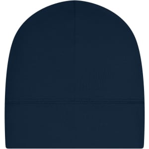A navy running beanie with a smooth finish and a simple design, featuring a logo.