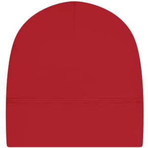 A red running beanie with a smooth, fitted design and a seam along the head. Features a logo.