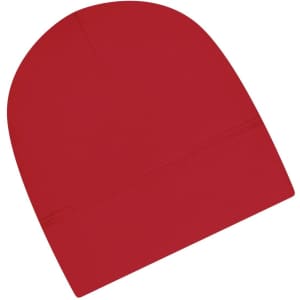 A red beanie with a smooth finish, featuring a logo on the side.