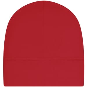 A red running beanie featuring a seamless design and a logo on the side.