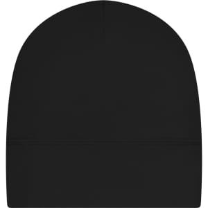 A black running beanie with a smooth finish and a seam detail at the base. It features a logo on one side.