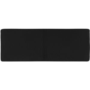 A black running headband featuring a simple design and a branding logo.