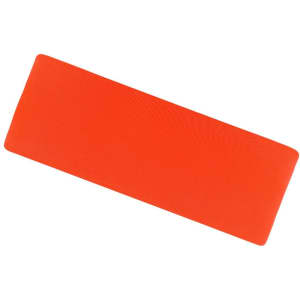 An orange running headband with a smooth texture and a simple design. It features a logo.