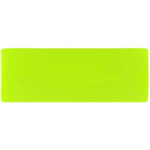 A bright yellow running headband with a smooth texture, featuring a logo.