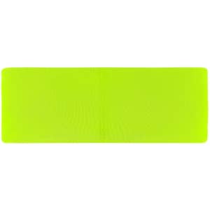 A bright green running headband featuring a smooth, stretchy fabric and a central seam. It has a logo at one end.
