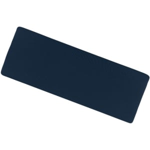 A navy blue running headband with a smooth texture, featuring a logo on one side.
