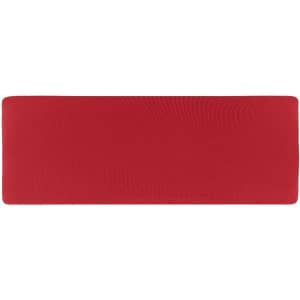 A red running headband with a simple design and a logo on one side.