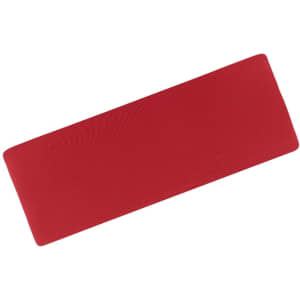 A red running headband with a smooth texture, featuring a logo. Ideal for keeping hair in place.