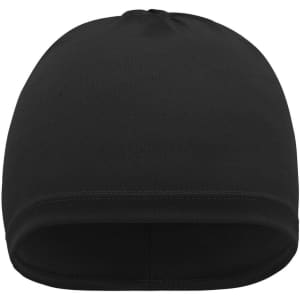 A black running beanie with a smooth finish and a fitted design. It features a logo on the surface.