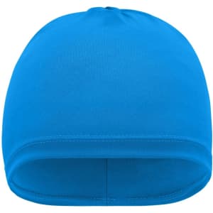 A running beanie in bright blue, featuring a smooth, fitted design with a simple style and no visible branding.